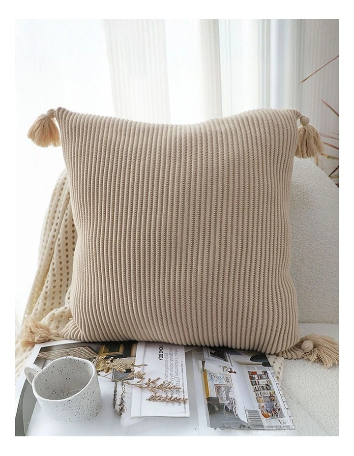 SOGA 45cm Off-White Wabi-Sabi Raised Pillow Cotton Striped Large Tassel Square Throw Pillow image 2