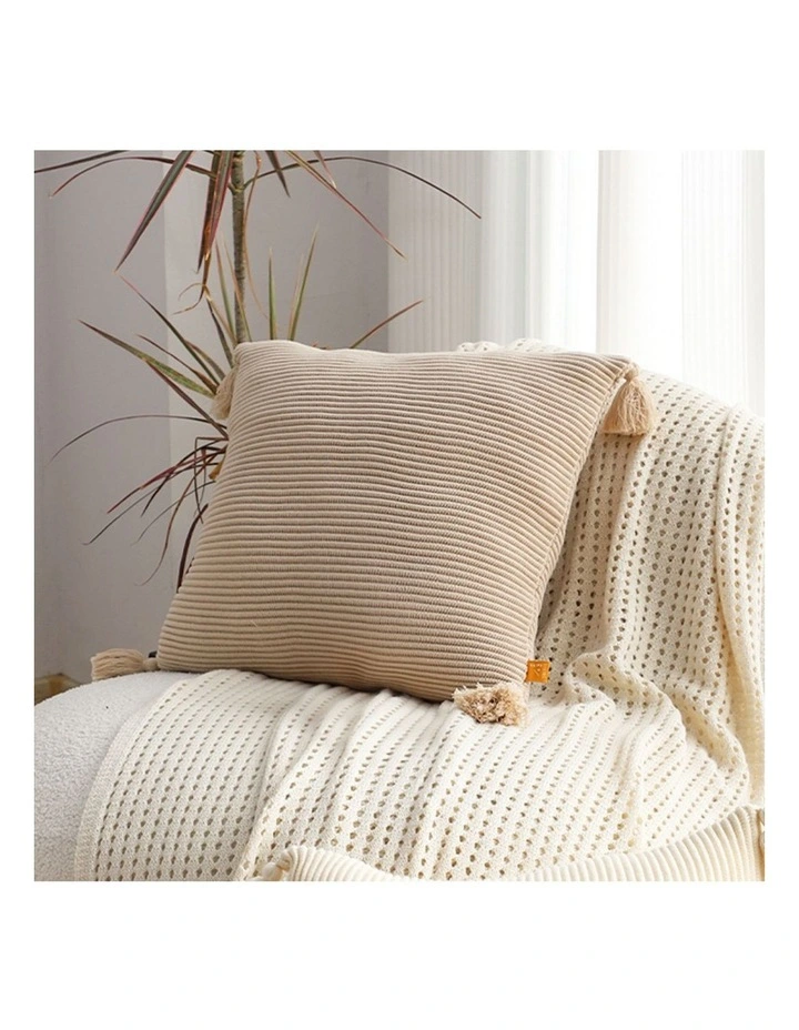 SOGA 45cm Off-White Wabi-Sabi Raised Pillow Cotton Striped Large Tassel Square Throw Pillow image 3