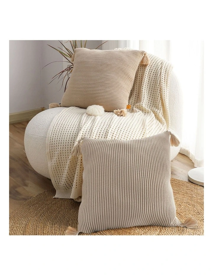 SOGA 45cm Off-White Wabi-Sabi Raised Pillow Cotton Striped Large Tassel Square Throw Pillow image 6