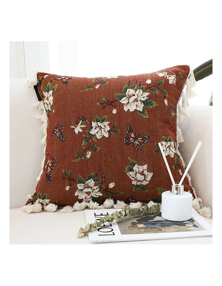 SOGA 2X 45cm French Vintage Butterfly and Flower Tassel with Caramel Color Throw Pillow image 2