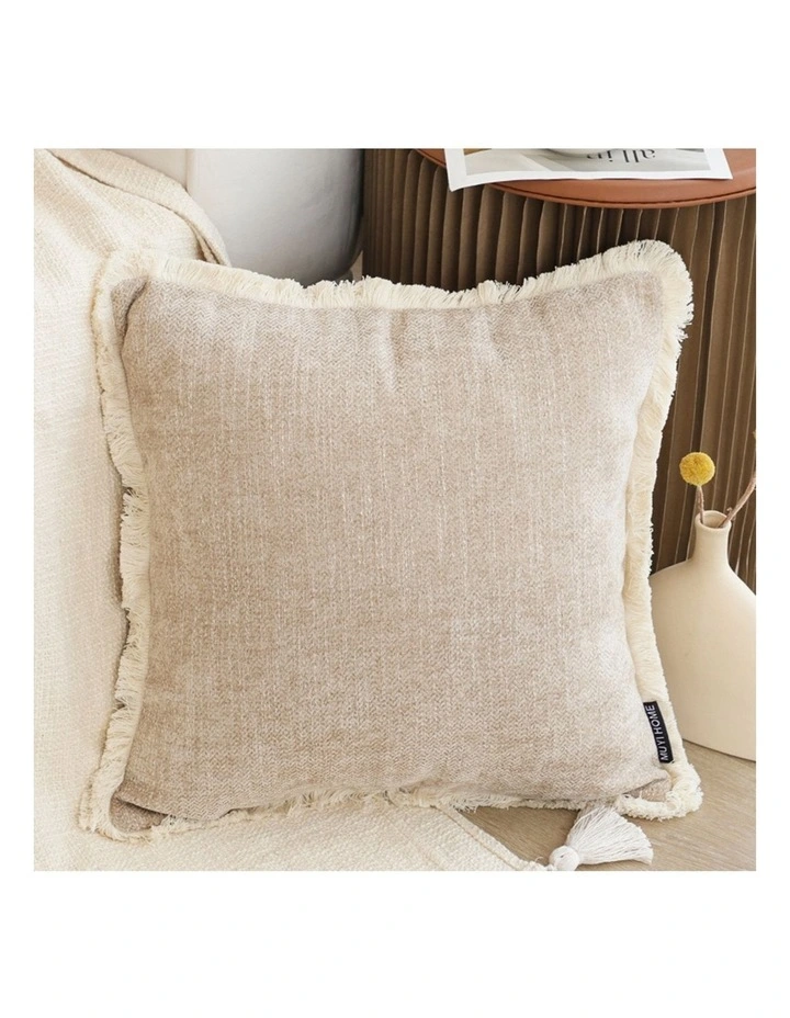 SOGA 2X 45cm Throw Pillow Latte Color Chenille Textured with Tassels Stylish Square Cozy Home Decor image 2