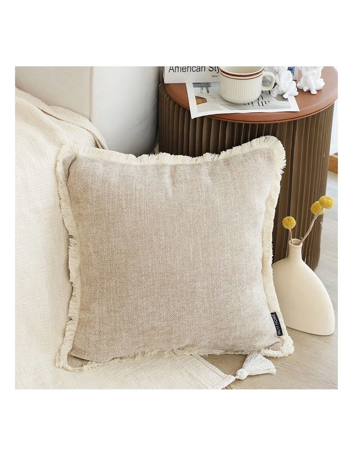 SOGA 2X 45cm Throw Pillow Latte Color Chenille Textured with Tassels Stylish Square Cozy Home Decor image 5