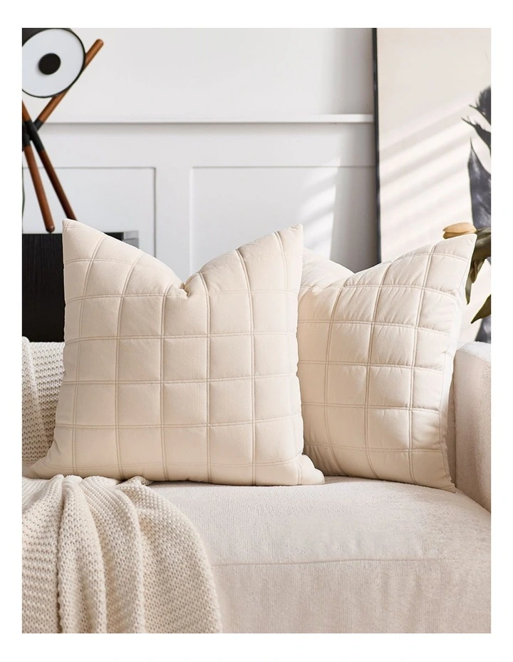 SOGA 2 Pack Beige Quilted Grid Throw Pillow 50cm image 3