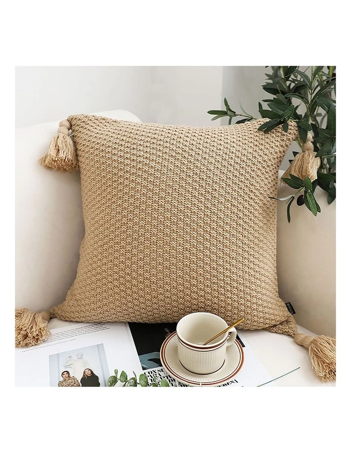 SOGA 50CM Light Brown Pillow with Tassel Accents, Rizzy Transitional Cover Throw Pillow image 2