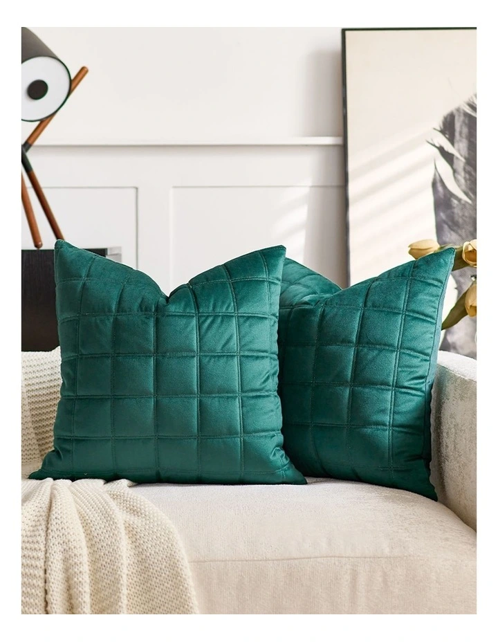 SOGA 2 Pack Emerald Green Velvet Quilted Grid Cushion Cover 50cm image 3