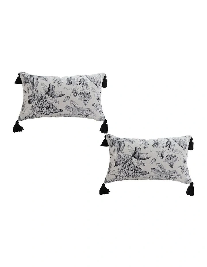 SOGA 2X 35cm Throw Pillow Black and White Floral Print Elegant with Tassel Accents Home Decor image 1