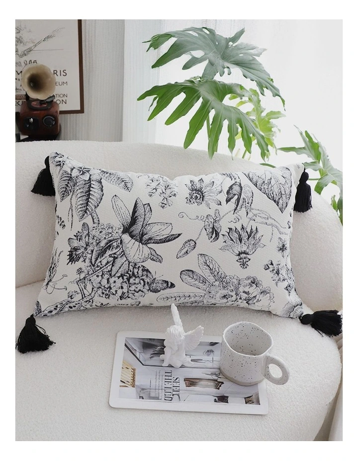 SOGA 2X 35cm Throw Pillow Black and White Floral Print Elegant with Tassel Accents Home Decor image 2