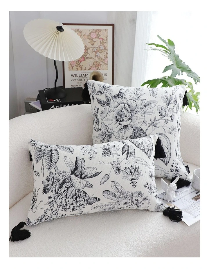 SOGA 2X 35cm Throw Pillow Black and White Floral Print Elegant with Tassel Accents Home Decor image 3