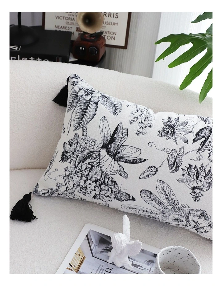 SOGA 2X 35cm Throw Pillow Black and White Floral Print Elegant with Tassel Accents Home Decor image 4