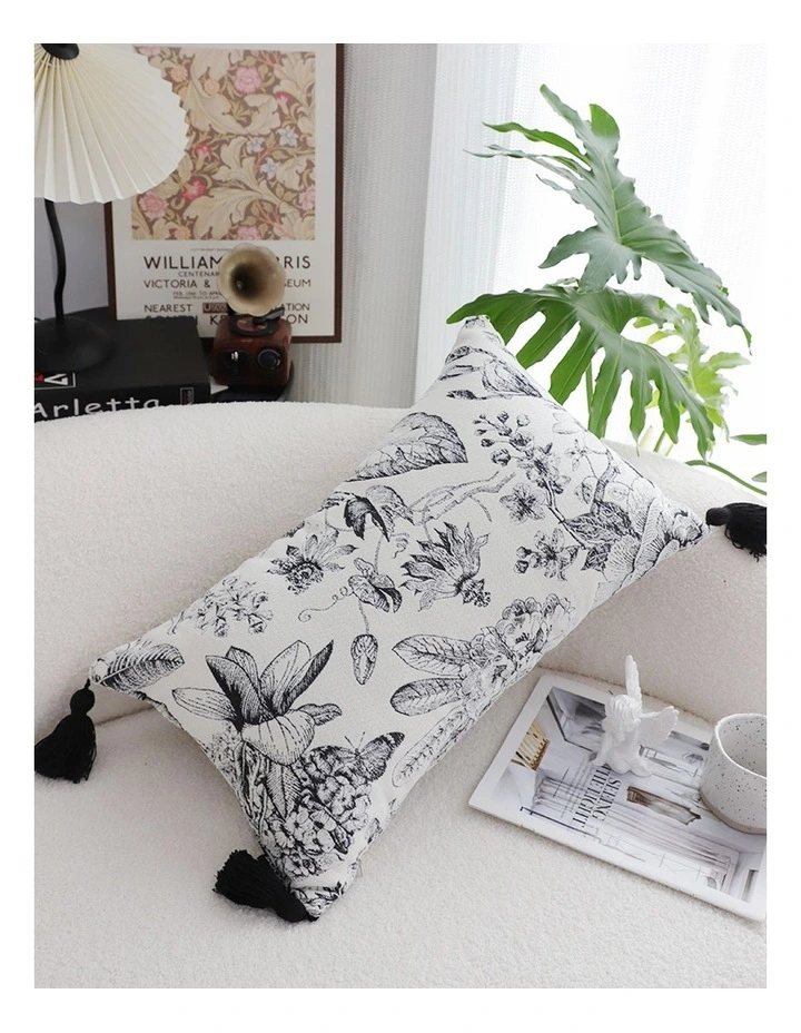 SOGA 2X 35cm Throw Pillow Black and White Floral Print Elegant with Tassel Accents Home Decor image 6