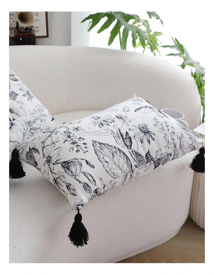 SOGA 2X 35cm Throw Pillow Black and White Floral Print Elegant with Tassel Accents Home Decor image 7
