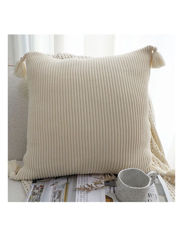 SOGA 45cm Khaki Wabi-Sabi Thickened Cotton Tassel Square Throw Pillow image 2