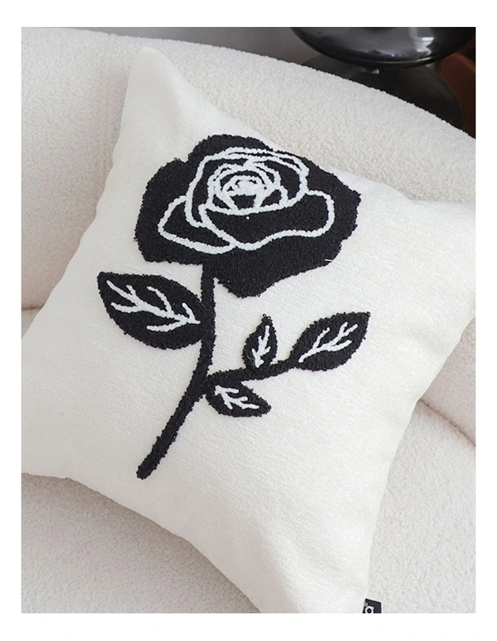 SOGA 2 Pack White Black Single Rose Embroidered Throw Pillow 45cm image 2