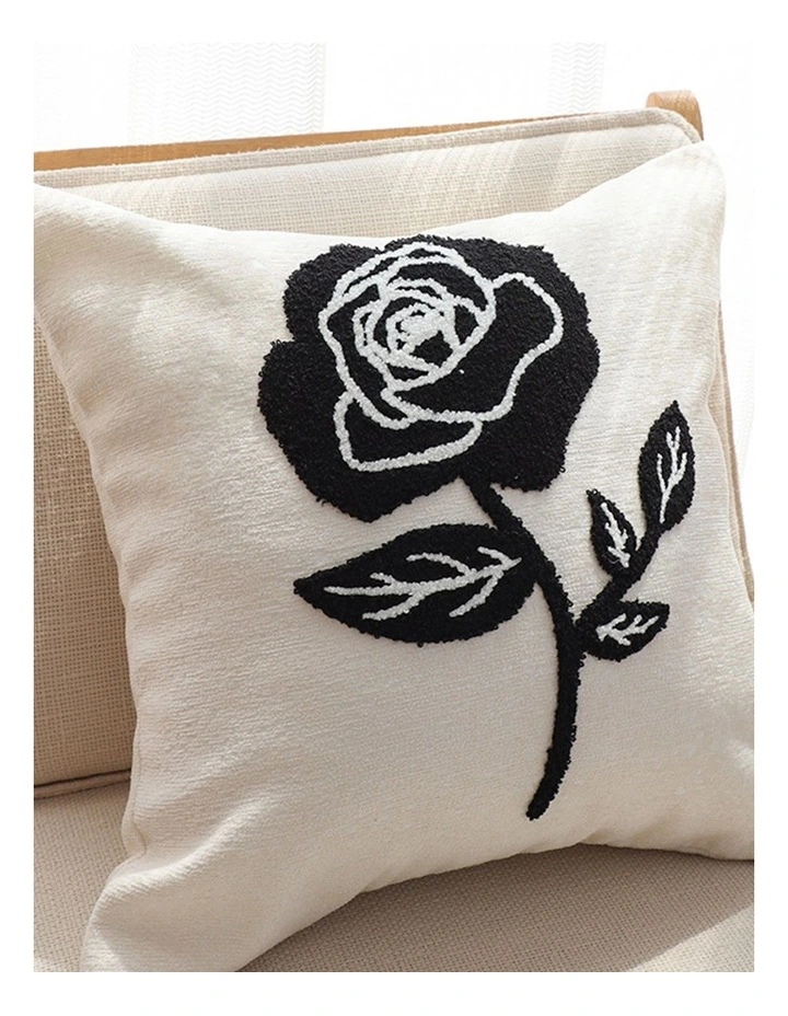 SOGA 2 Pack White Black Single Rose Embroidered Throw Pillow 45cm image 3