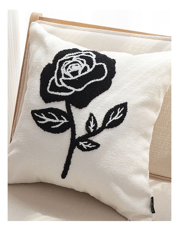 SOGA 2 Pack White Black Single Rose Embroidered Throw Pillow 45cm image 4