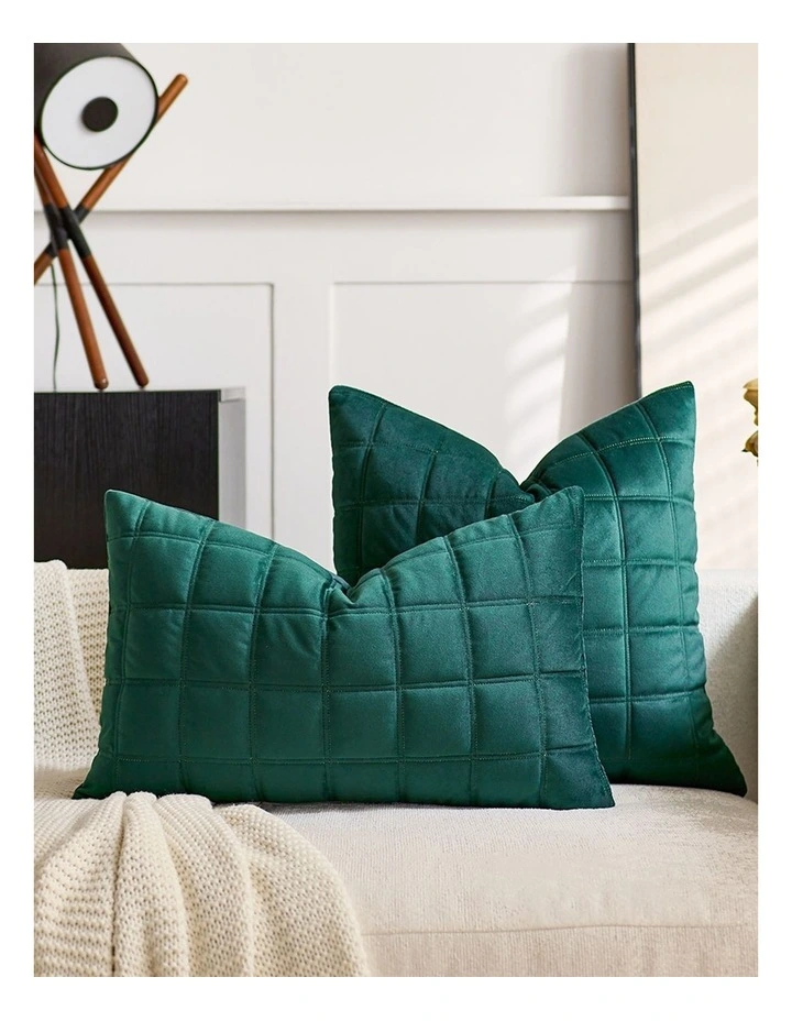 SOGA 2 Pack Green Velvet Quilted Grid Throw Pillow 30cm image 3