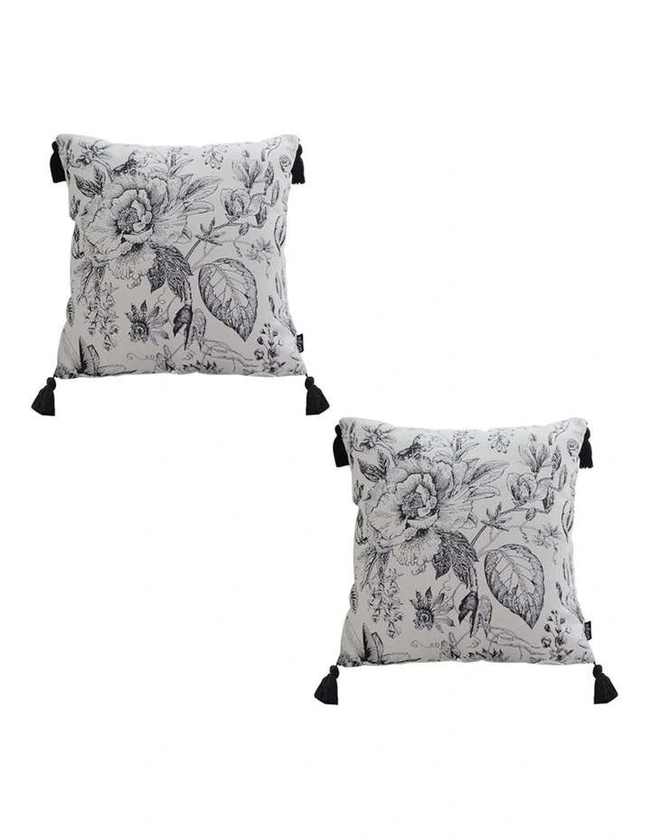 SOGA 2X 50cm Throw Pillow  Black and White Elegant Floral Print with Tassel Accents Home Decor image 1
