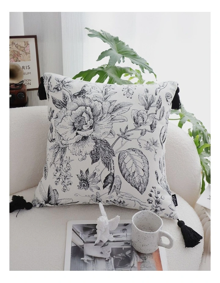 SOGA 2X 50cm Throw Pillow  Black and White Elegant Floral Print with Tassel Accents Home Decor image 2