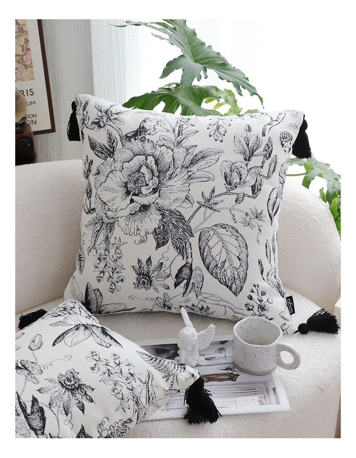 SOGA 2X 50cm Throw Pillow  Black and White Elegant Floral Print with Tassel Accents Home Decor image 3