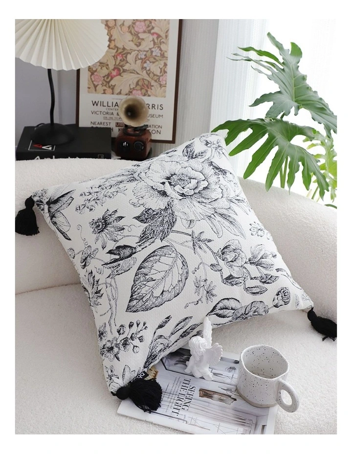 SOGA 2X 50cm Throw Pillow  Black and White Elegant Floral Print with Tassel Accents Home Decor image 4