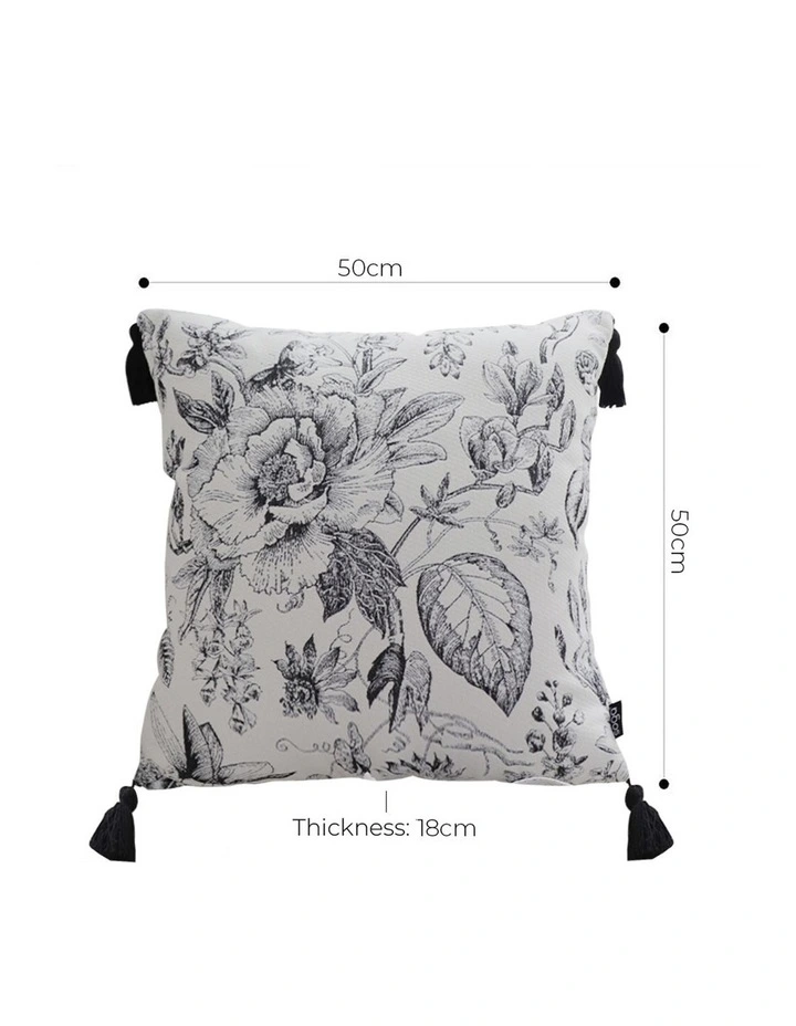 SOGA 2X 50cm Throw Pillow  Black and White Elegant Floral Print with Tassel Accents Home Decor image 5