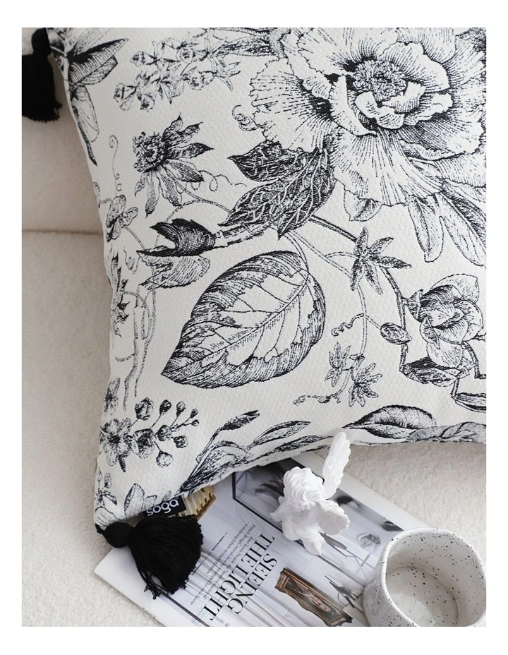 SOGA 2X 50cm Throw Pillow  Black and White Elegant Floral Print with Tassel Accents Home Decor image 6