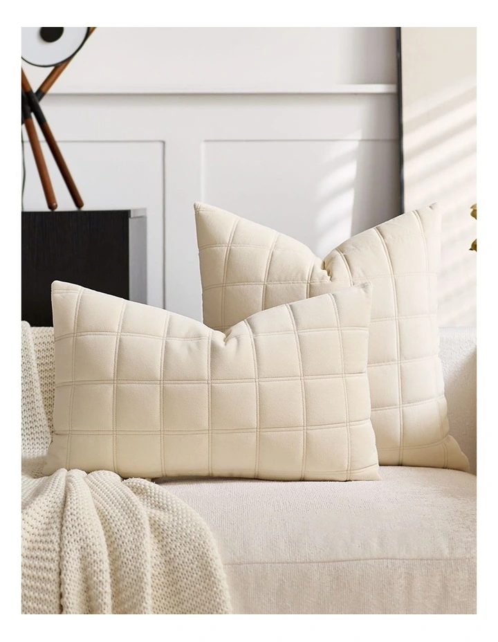 SOGA 2 Pack Beige Quilted Grid Throw Pillow 30cm image 3