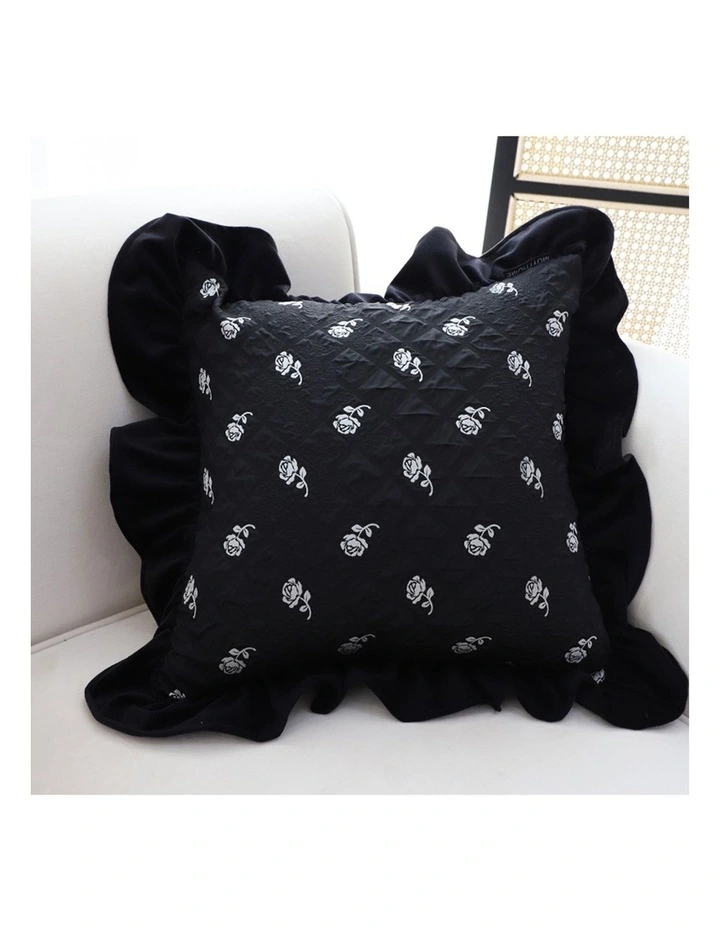 SOGA 2X 45cm Throw Pillow Black Ruffled Square Decorative Cushion for Rose Lovers Cozy Home Decor image 2