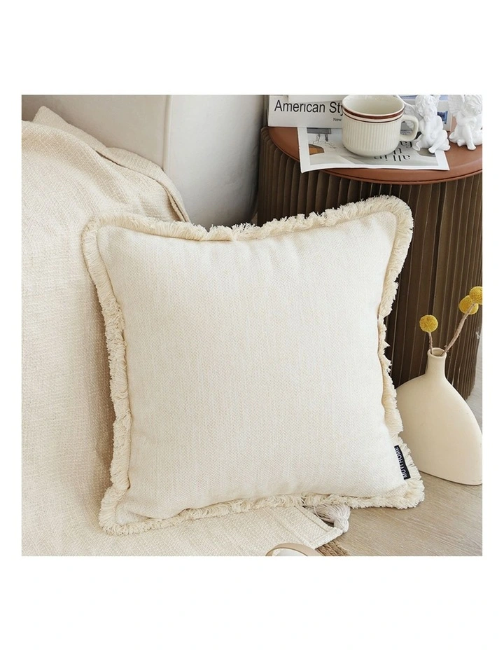 SOGA 2X 45cm Throw Pillow White Chenille Textured with Tassels Stylish Square Cozy Home Decor image 4