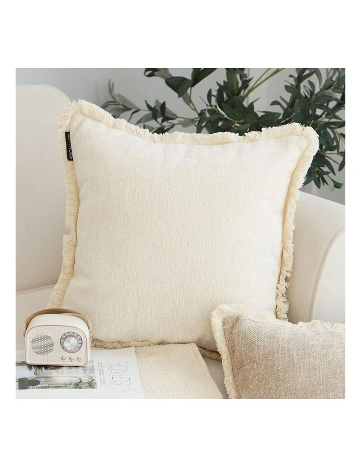 SOGA 2X 45cm Throw Pillow White Chenille Textured with Tassels Stylish Square Cozy Home Decor image 5
