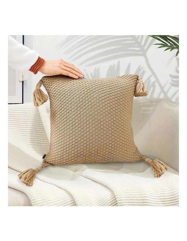 SOGA 2x 50CM Light Brown Pillow with Tassel Accents, Rizzy Transitional Cover Throw Pillow image 5