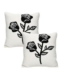 SOGA 2 Pack White Black Rose Embroidered Throw Pillow 45cm