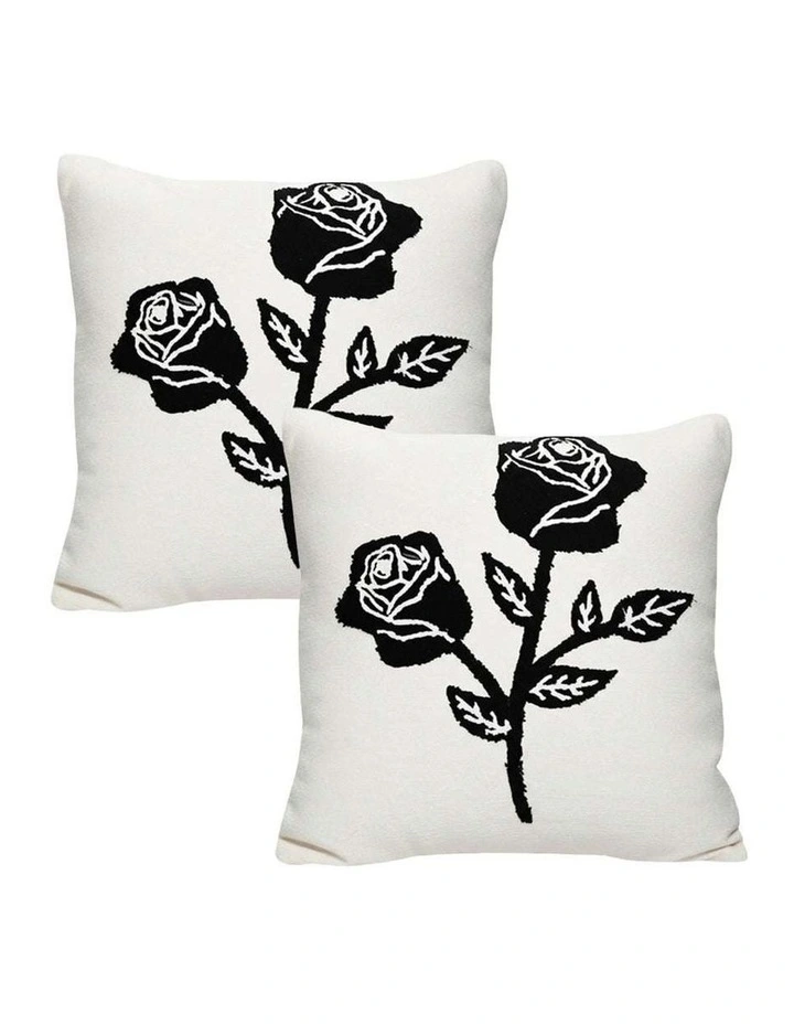 SOGA 2 Pack White Black Rose Embroidered Throw Pillow 45cm image 1