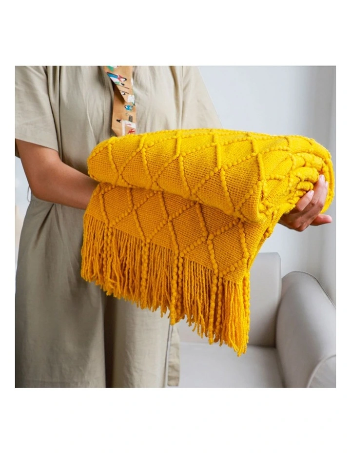 SOGA 2 Pack Yellow Diamond Pattern Knitted Throw Blanket 130x230cm image 3