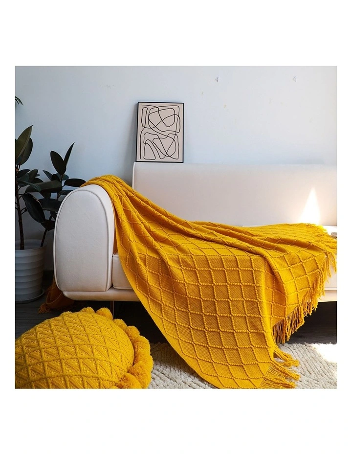 SOGA 2 Pack Yellow Diamond Pattern Knitted Throw Blanket 130x230cm image 5