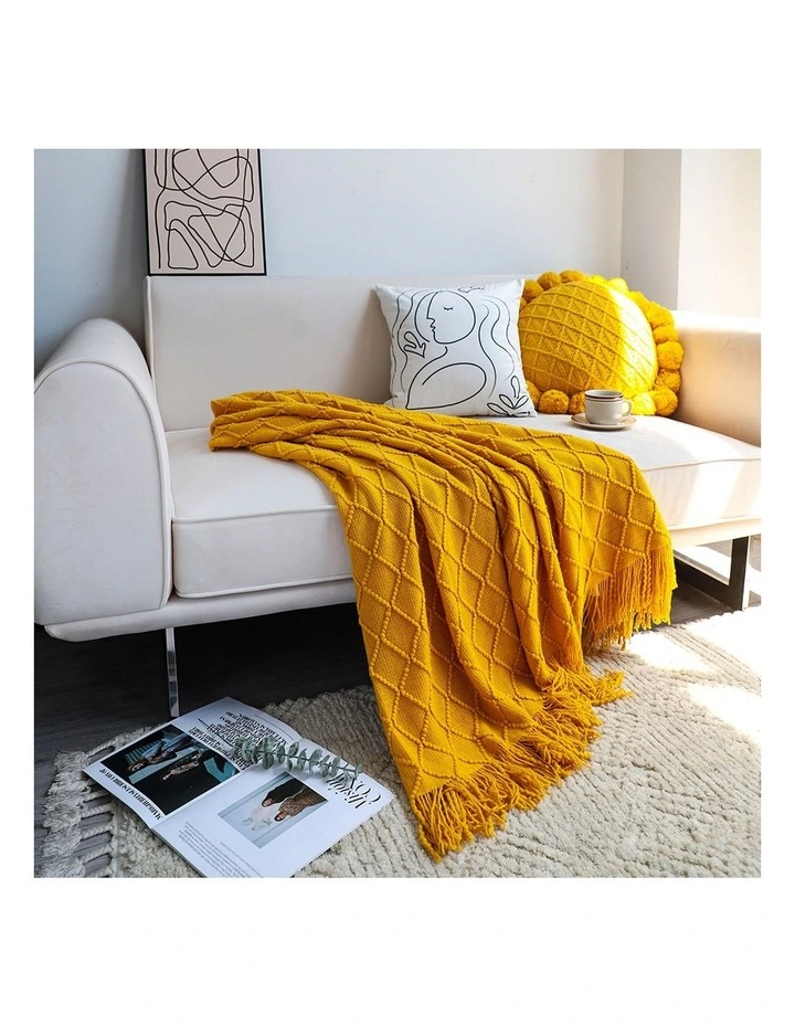 SOGA 2 Pack Yellow Diamond Pattern Knitted Throw Blanket 130x230cm image 6