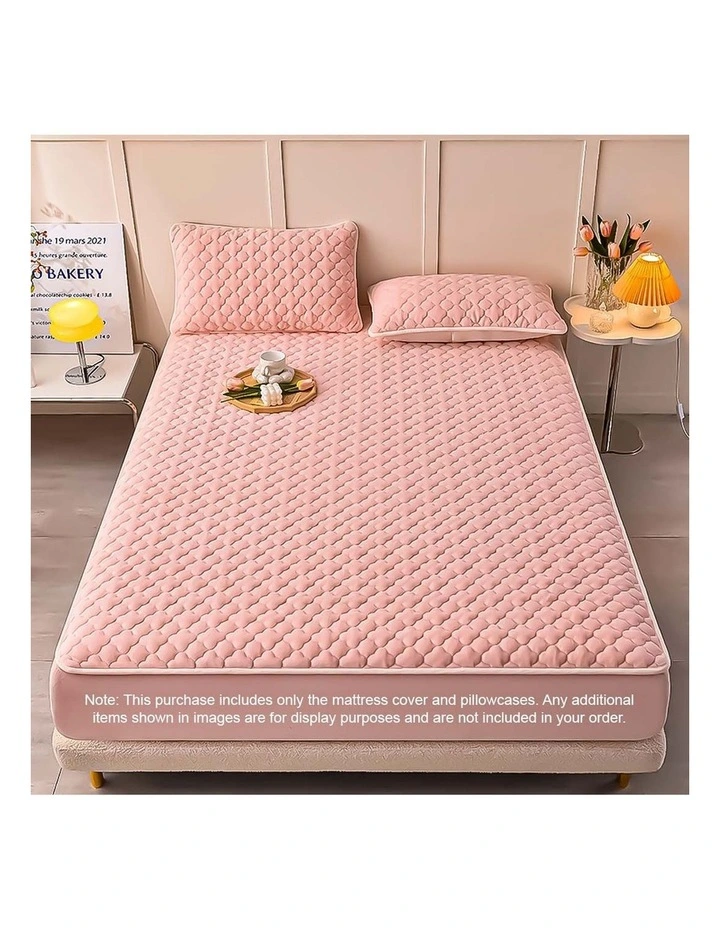 SOGA 153cm Pink Quilted Fleece Mattress Cover Set with Pillow Covers image 2