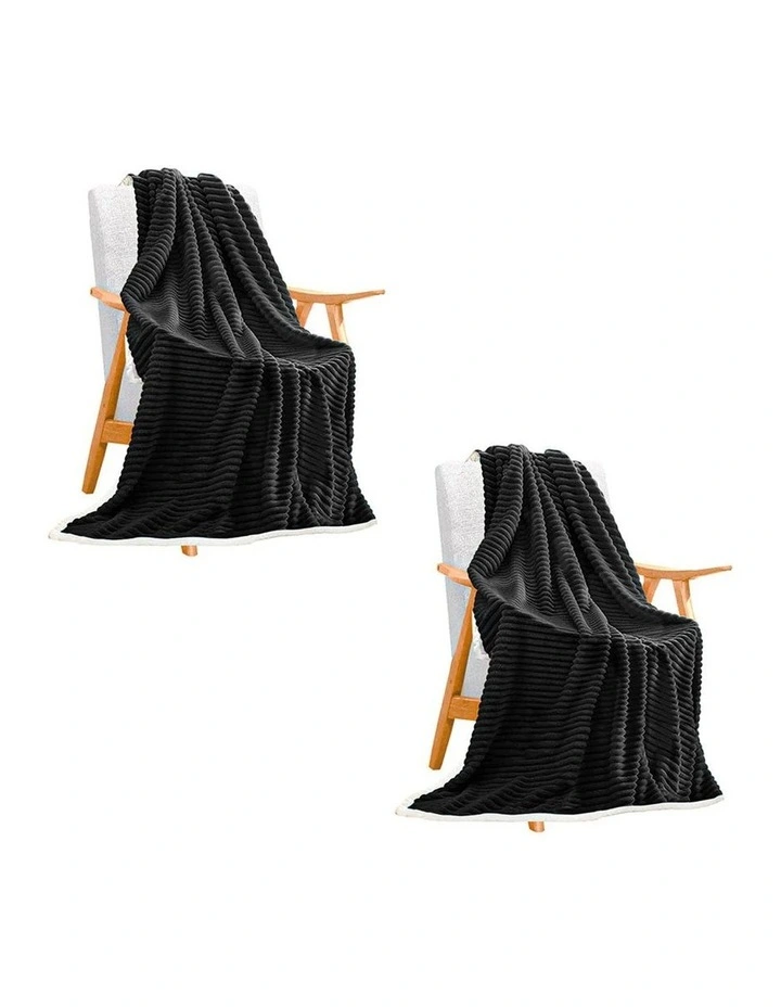 SOGA 2 Pack Black Thick Flannel Throw Blanket 200x220cm image 1