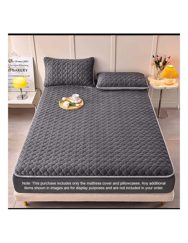 SOGA 2 Pack Grey King Clover Quilted Fleece Mattress Cover Sets with 4 Pillowcases image 2