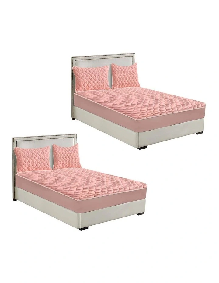 SOGA 2 Pack Pink King Clover Quilted Fleece Mattress Cover Sets with 4 Pillowcases image 1