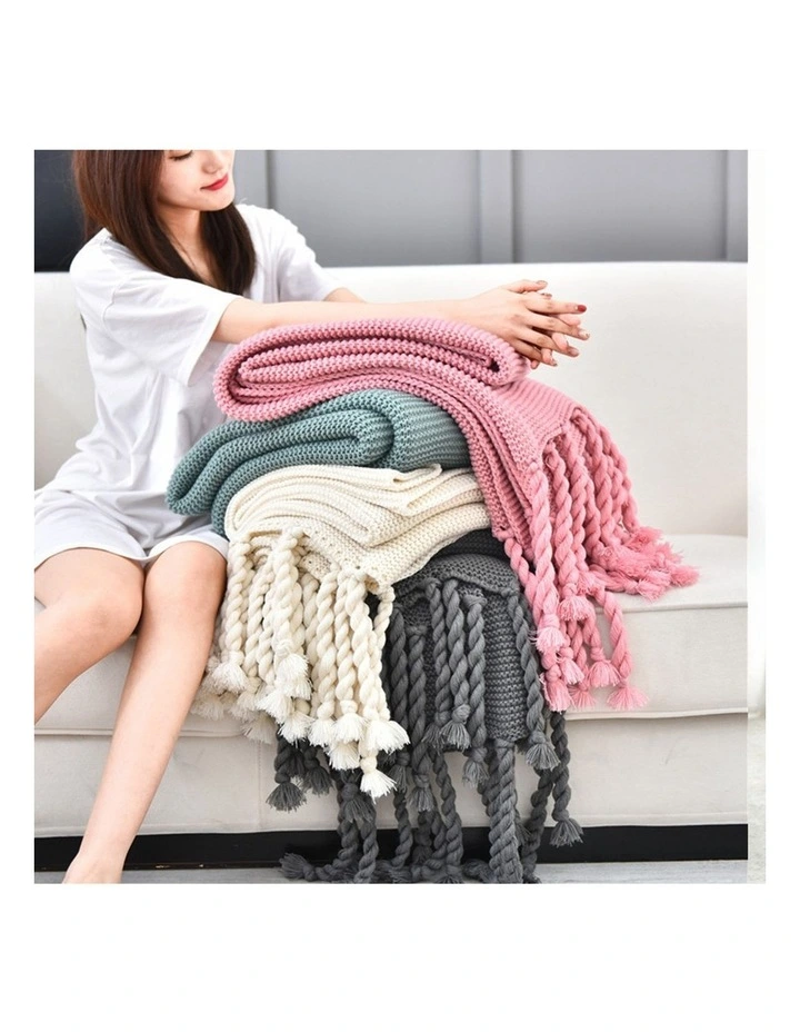 SOGA 2 Pack Green Tassel Fringe Knitted Throw Blanket 130x170cm image 4