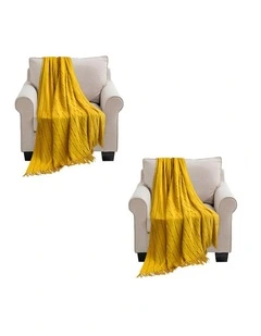 SOGA 2 Pack Mustard Textured Knitted Throw Blanket 130x170cm