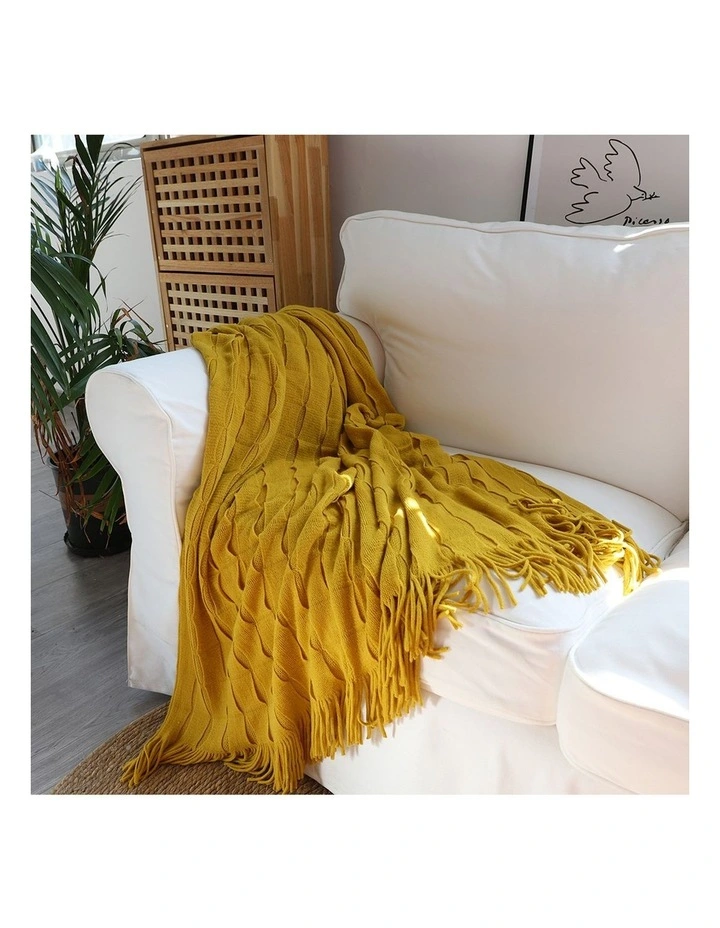SOGA 2 Pack Mustard Textured Knitted Throw Blanket 130x170cm image 5