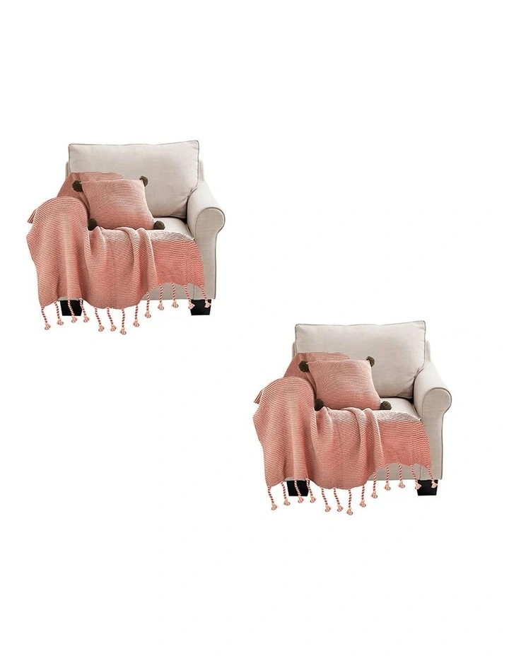 SOGA 2 Pack Pink Tassel Fringe Knitted Throw Blanket 130x170cm image 1