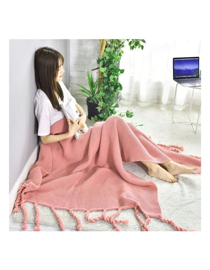 SOGA 2 Pack Pink Tassel Fringe Knitted Throw Blanket 130x170cm image 2