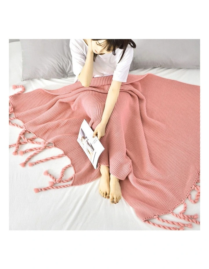 SOGA 2 Pack Pink Tassel Fringe Knitted Throw Blanket 130x170cm image 3