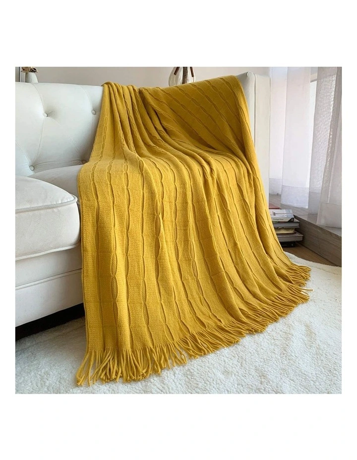 SOGA Mustard Textured Knitted Throw Blanket 130x170cm image 2