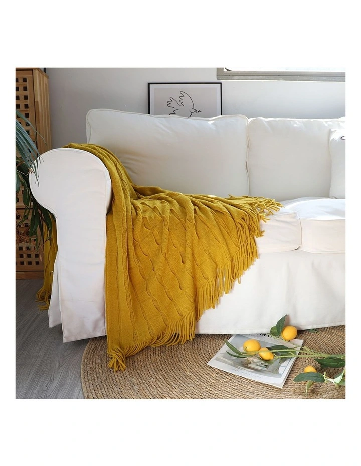SOGA Mustard Textured Knitted Throw Blanket 130x170cm image 3