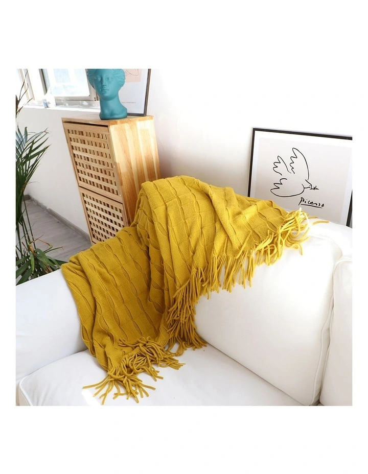 SOGA Mustard Textured Knitted Throw Blanket 130x170cm image 6