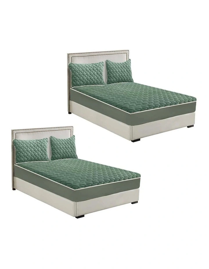 SOGA 2 Pack Green King Clover Quilted Fleece Mattress Cover Sets with 4 Pillowcases image 1